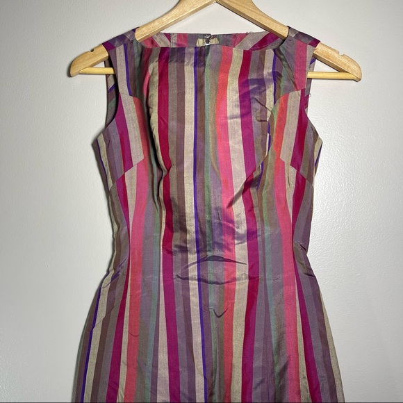 VTG 50s 60s Silk Striped Multicolored Stripes Handmade Dress Sheer Lining Lk New - Picture 2 of 16